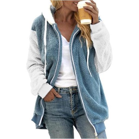 Hættejakke dame teddy fleece frakke overgangsjakke med hætte med lommer lynlås efterår vinter plysjakke fleecejakke vinter 3XL