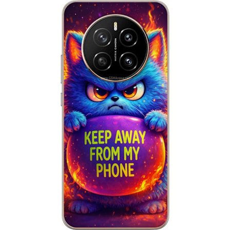 Yhteensopiva Puhelinkuori Honor Honor Magic7 Vihainen pörröinen sininen kissa, jossa teksti "Pidä loitolla puhelimestani" neonväreillä ja tulimai