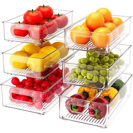 Sæt med 6 (3 størrelser) Opbevaringskasser, Stabelbare Køleskabsorganisatorer til Køleskab, Køkken, Skabe BPA-fri