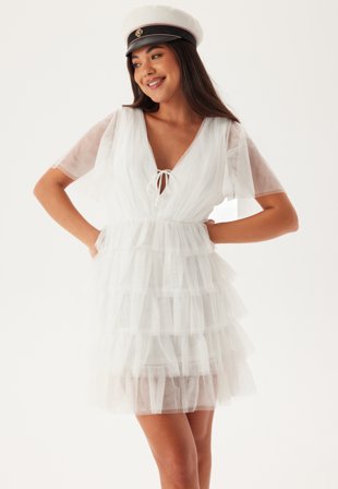 Bubbleroom Occasion - Deep V-neck Tulle Dress - White - Kläder