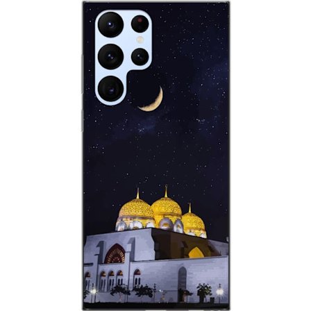 Kompatibelt Mobildeksel til Samsung Galaxy S22 Ultra 5G Stjerneklar natt med gyldne kupler og halvmåne over opplyst moské