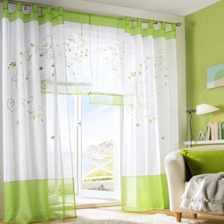 Blommiga genomskinliga gardiner Voile broderade flikgardiner för sovrum vardagsrumsdekoration 2 paneler, gröna, B140cm x H225cm