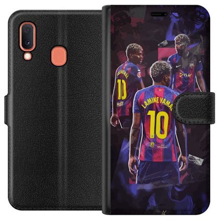 Samsung Galaxy A20e Tegnebogsetui Lamine Yamal i Barcelona kollage med trøje nummer 10, kraftfulde poseringer, kontrastfarver og dynamisk sportsmotiv