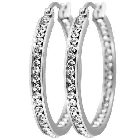 Silver Hoop Örhängen i Rostfritt Stål & Vita Rhinestones 3 cm