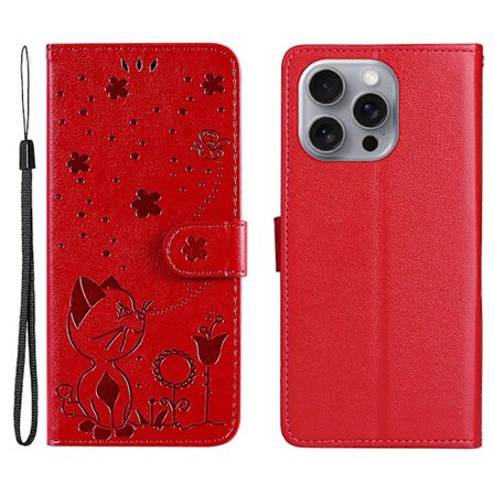 För iPhone 16 Pro Max Skal PU Läder Katt Bi Mönster Telefonfodral