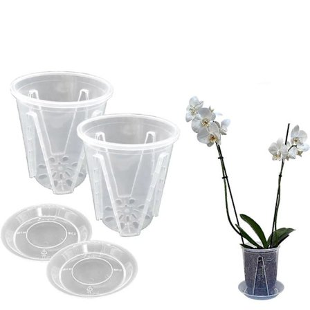 Sæt med 2 potter med diameter 14 cm i gennemsigtig plastik til orkideer, stive vaser med drænhuller og underkop, tilbehør til dyrkning af planter og 