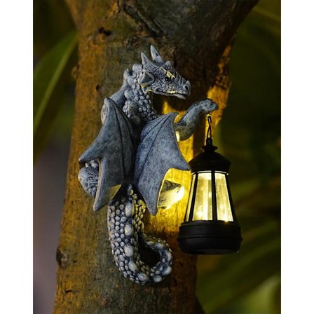Drage Træ Klemmer Solcellelampe Havestatue - 23,6 cm Harpiks Drageindretning til Udendørs Brug, Perfekt Havegave & Gårdsdekoration