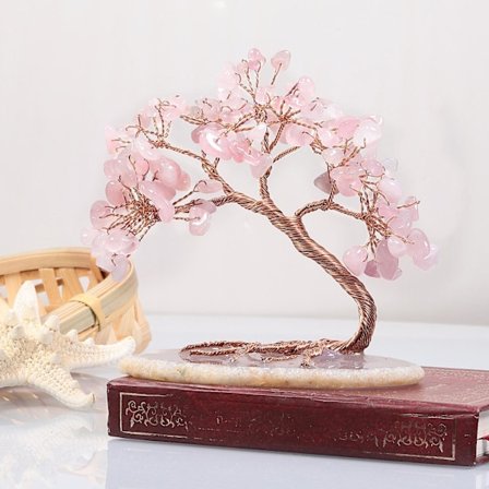Handmade Colorized Crystal Money Tree For Good Luck Wealth Health, Figurine Bonsai On Natural Agate Slab