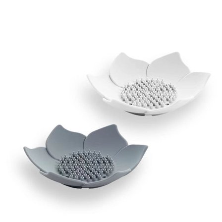 2-delt sæbeskål med dræning, sæbeholder til køkken, badeværelse, brusebad, blomsterbladformet sæbeholder (hvid og grå)