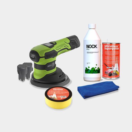 Kit di lucidatura barca con lucidatrice oscillante (a batteria) 1852-Marine + panno in microfibra + detergente + polish per barca + tampone lucidante 