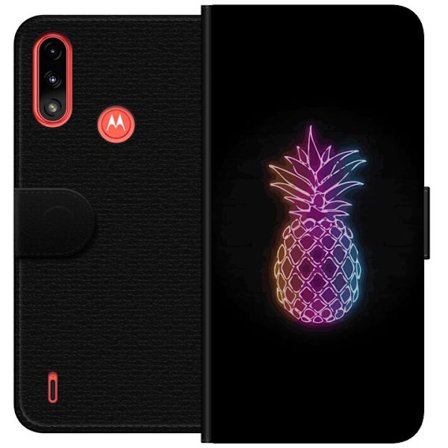 Yhteensopiva Lompakkokotelo Motorola Motorola Moto E7 Power Neonkuvitus ananaksesta värikkäässä valossa mustaa taustaa vasten