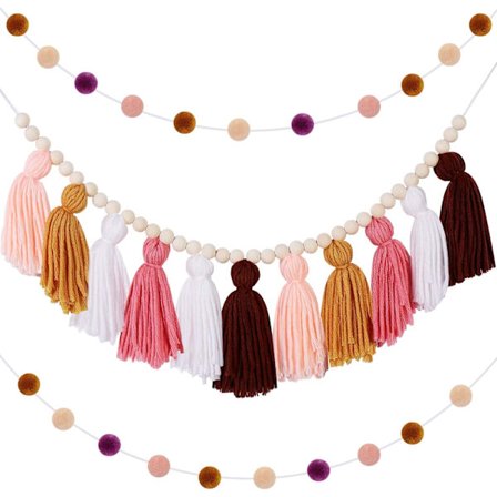 Bløde Farver Tassel Guirlande Tassel Vægophæng Pastel Tassel Banner med Træperler og 2 stk. Farverige Pom Pom Bold Guirlander til Klasseværelsesfest
