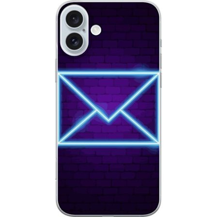 Yhteensopiva Puhelinkuori Apple Apple iPhone 16 Plus Neonilta illuustraatio kirjekuoresta sinisessä valossa lila tiiliseinää vasten, nykyaikainen s