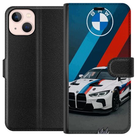 Kompatibelt Lommeboketui til Apple Apple iPhone 13 BMW M Sport design med hvit racerbil og klassiske M striper eksklusivt biltema perfekt for motorspo