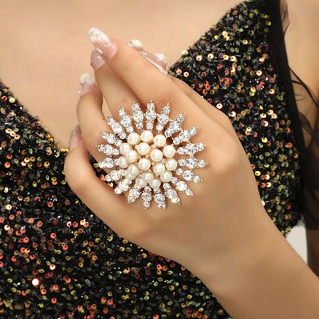 Elegant White Pearl Crystal Flower Kvinder Ring smykker Accessori