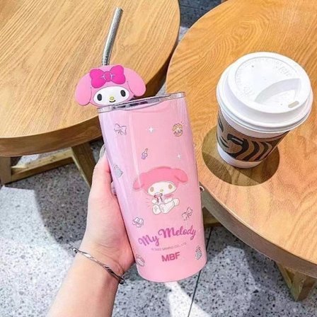 600ML;B-Sanrio 600ML Hello Kitty Kuromi Melody Termokande - Kawaii Design til Studerende og Børn - Anime Tegneserie Gave - Bærbar med Sugerør - Stor