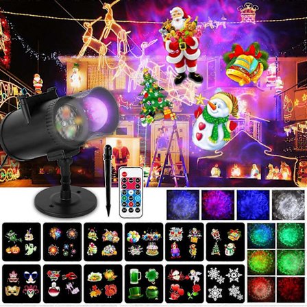 Julprojektorlampe, 12 Bilder + 9 Farger LED Bølge Lysprojektor IP65 Utendørs Projektor med Fjernkontroll for Jul, Halloween,