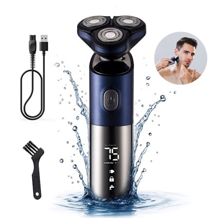 Elektrisk shaver til mænd, genopladelig våd og tør skægtrimmer med LED-display, blå