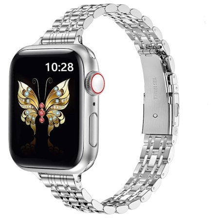 Ultratunt metallarmband kompatibelt med Apple Watch-armband 49mm 46mm 45mm 44mm 42mm (Series 3/2/1), Elegant länkarmband i rostfritt stål, (Silver)