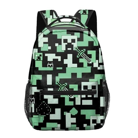 Minecraft Poika Reppu | Musta Lastenreppu | Vihreä Creeper, Zombie-luuranko, Enderman ja Luolihämähäkki Kuviot