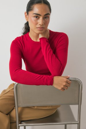 Premium Selection Haut en maille de laine mérinos à encolure ronde - Qualité premium - Rouge - XL (EU 46)