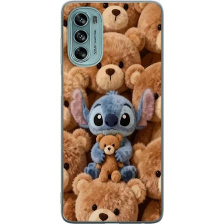 Kompatibelt Mobildeksel til Motorola Moto G62 5G Stitch omgitt av brune teddybjørner med en liten teddybjørn i fanget i en søt og koselig kawaii-desig