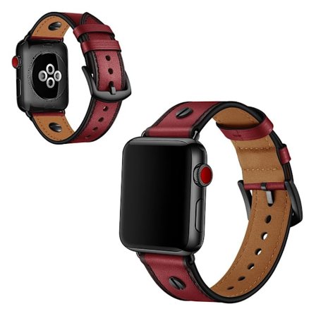 Apple Watch Series 5 44 mm klockarmband i äkta läder med nitdekor - Röd