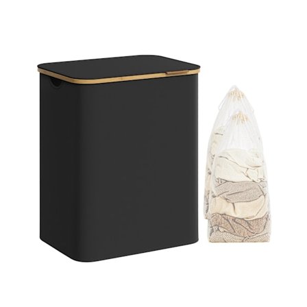 Pyykkikori, 130 l, irrotettava verkkokangasvuori, Oxford-kangas, bambukahvat, musteenmusta