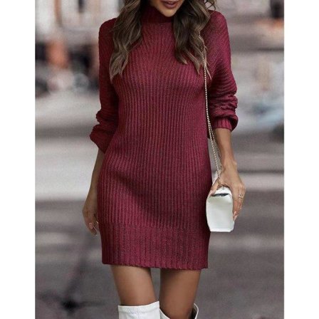 Halsgenser, langærmet strikket kjole for kvinner vinrød XL