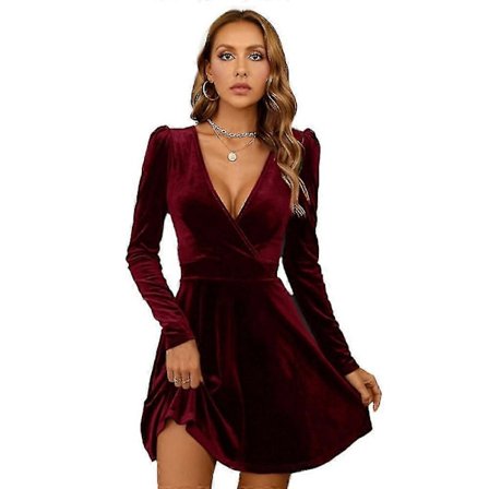Dame Slå-om V-hals Langærmet Fløjl A-linje Fest Swing Fit And Flare Skater Mini Kjole-jie