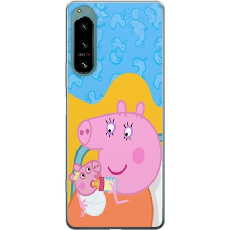 Yhteensopiva Puhelinkuori Sony Xperia 5 IV Peppa Possu perhemotiivi äidin possu, isän possu ja ystävien kanssa, värikäs piirretty lasten kuva