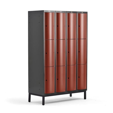 Clothes locker CURVE, leg frame, 4 x 3 doors, 1940x1200x550 mm, red