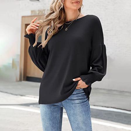 Kvinnor Med Rund Hals I Enfärgad Puffärmar Stickad Baggy T-shirt