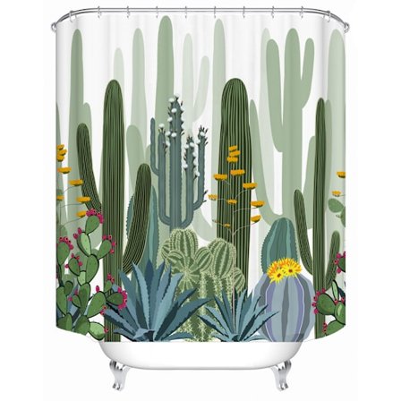 Grön växt kaktus duschdraperi, med 12 plastkrokar