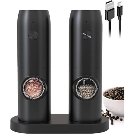 Elektrisk pepperkvern med base, oppladbar salt- og pepperkvernsett med svart bryter [DB]