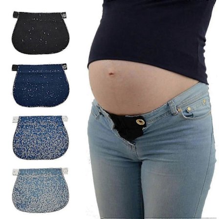 Neliosainen denimvyösetti, säädettävä ja jatkettava vyö, joustava vyötärönauha äitiyshousuihin, joustava jatkokappale.