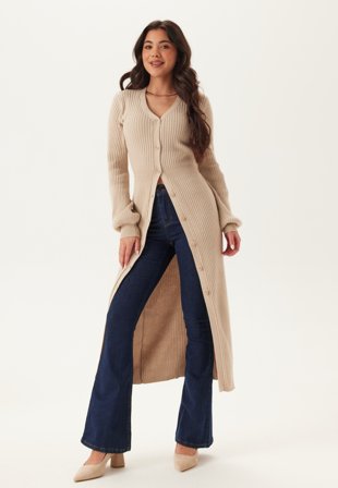 Bubbleroom - Rib Knitted Cardigan Dress - Light beige - Kläder