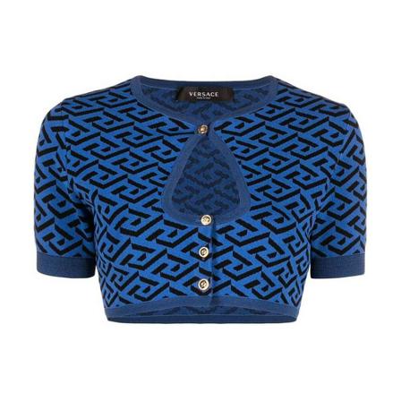 Versace, Knit Cropped Cardigan Blauw, Dames, Maat:S