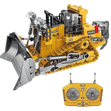 Fjernstyret Bulldozer RC 1/16 Fuld Funktionel Byggekøretøj, 2.4Ghz 9 Kanal Dozer Frontlæsser Legetøj med Lys og Lyd til Børn i Alderen 6, 7,