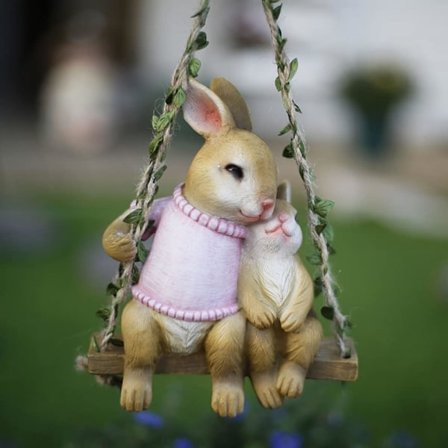 Gyngende kanin - havefigur, sød moderkanin hængende harpikshave statue til udendørs brug, terrasse, hiyalle (ver: lyserød)[YJD]