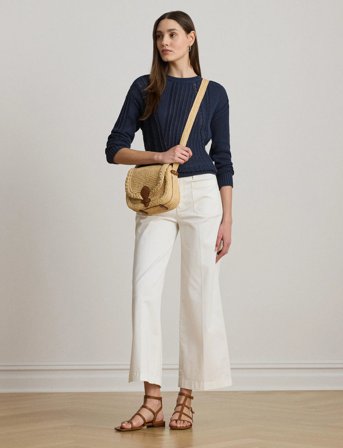 Lauren Ralph Lauren Pointelle-Knit Cotton Crewneck Sweater - Navy - S