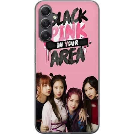 Yhteensopiva Puhelinkuori Samsung Galaxy A15 5G BLACKPINK In Your Area, jossa ryhmäkuva Lisa, Jennie, Jisoo ja Rosé vaaleanpunaisen taustan edessä, va