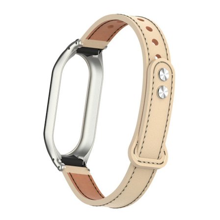 Armband för Xiaomi Mi Band 9, metallhölje med dubbelnitat läderarmband (Aprikos)