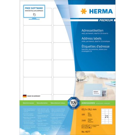 Herma Premium - Papir - matt - permanent selv-adhesiv - hvit - 63.5 x 38.1 mm 2100 etikett(er) (100 ark x 21) laminerte adresseetiketter
