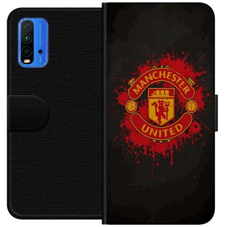 Kompatibelt Lommeboketui til Xiaomi Xiaomi Redmi Note 9 4G Manchester United logo i rød og gul farge med røff sportslig bakgrunn