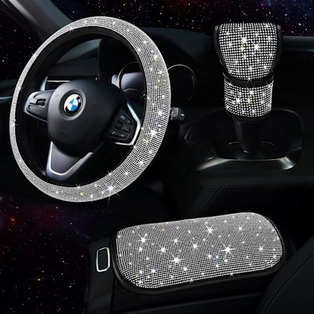 Röd Bling Bling Bilsats för Kvinnor, Bling Rattmuff för Kvinnor Universal Fit 15 Tum, Rhinestone Center