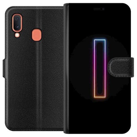 Kompatibel Tegnebogsetui til Samsung Samsung Galaxy A20e Minimalistisk neonbogstav I i regnbuefarver mod mørk baggrund