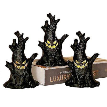 Halloween Spøgelsestræstub med LED-lys - Batteridrevet Træansigt Lysende Dekoration til Halloweenfester