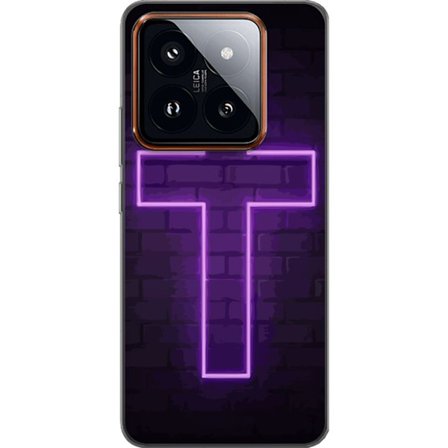 Yhteensopiva Puhelinkuori Xiaomi Xiaomi 14 Pro Neonristi purppuranvalossa tummaa tiiliseinää vasten, symbolinen motiivi vahvalla hohto moderni estee