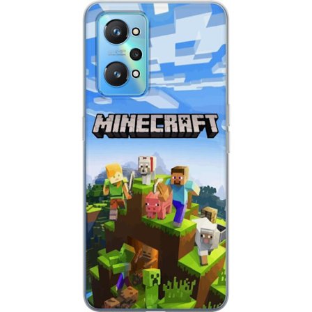 Realme GT Neo2 Läpinäkyvä kuori Minecraft seikkailuluola Steve, Alex, eläinten ja mobien kanssa klassisessa lohkokuviossa, jossa koko maailma koko